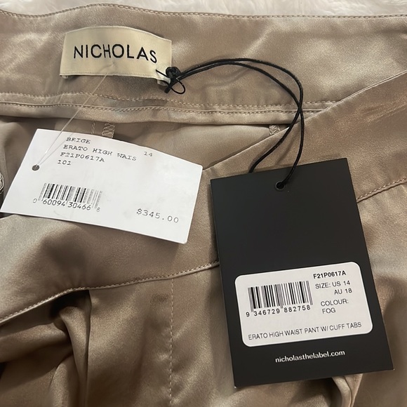 NWT NICHOLAS Erato high waist Tapered Silk pant trousers with cuff tabs in fog - Picture 8 of 8
